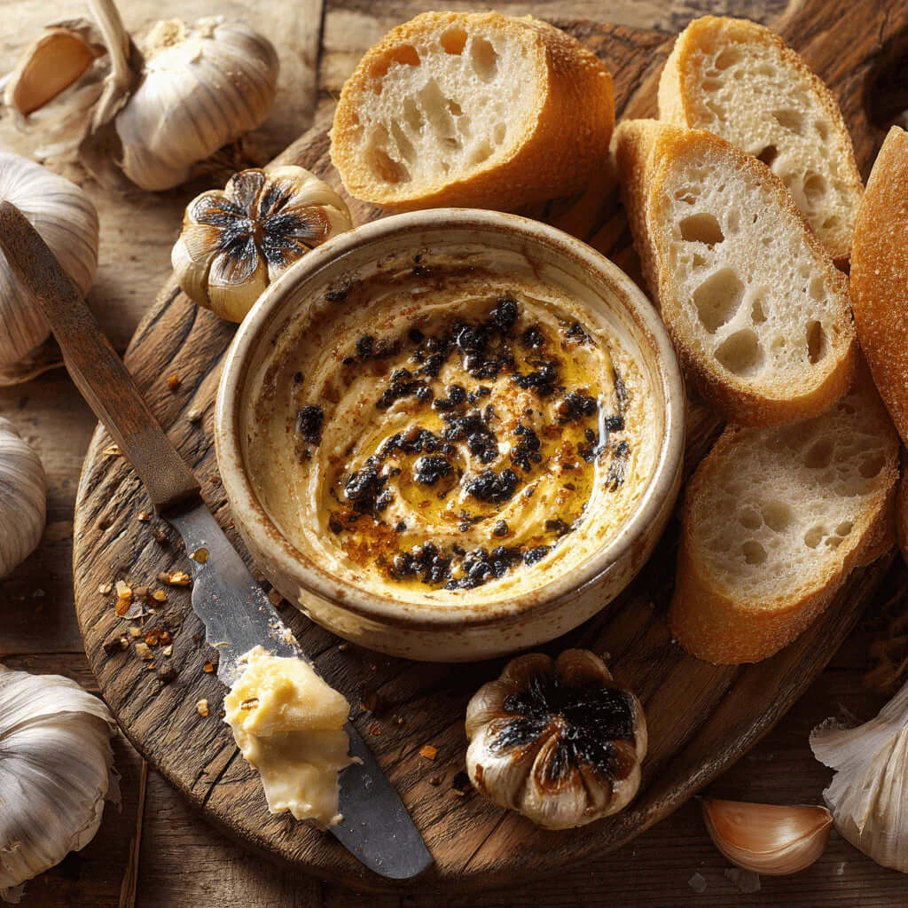 Roasted Garlic Butter Recipe with black garlic, served in a dish with slices of rustic bread and fresh garlic bulbs on a wooden board.