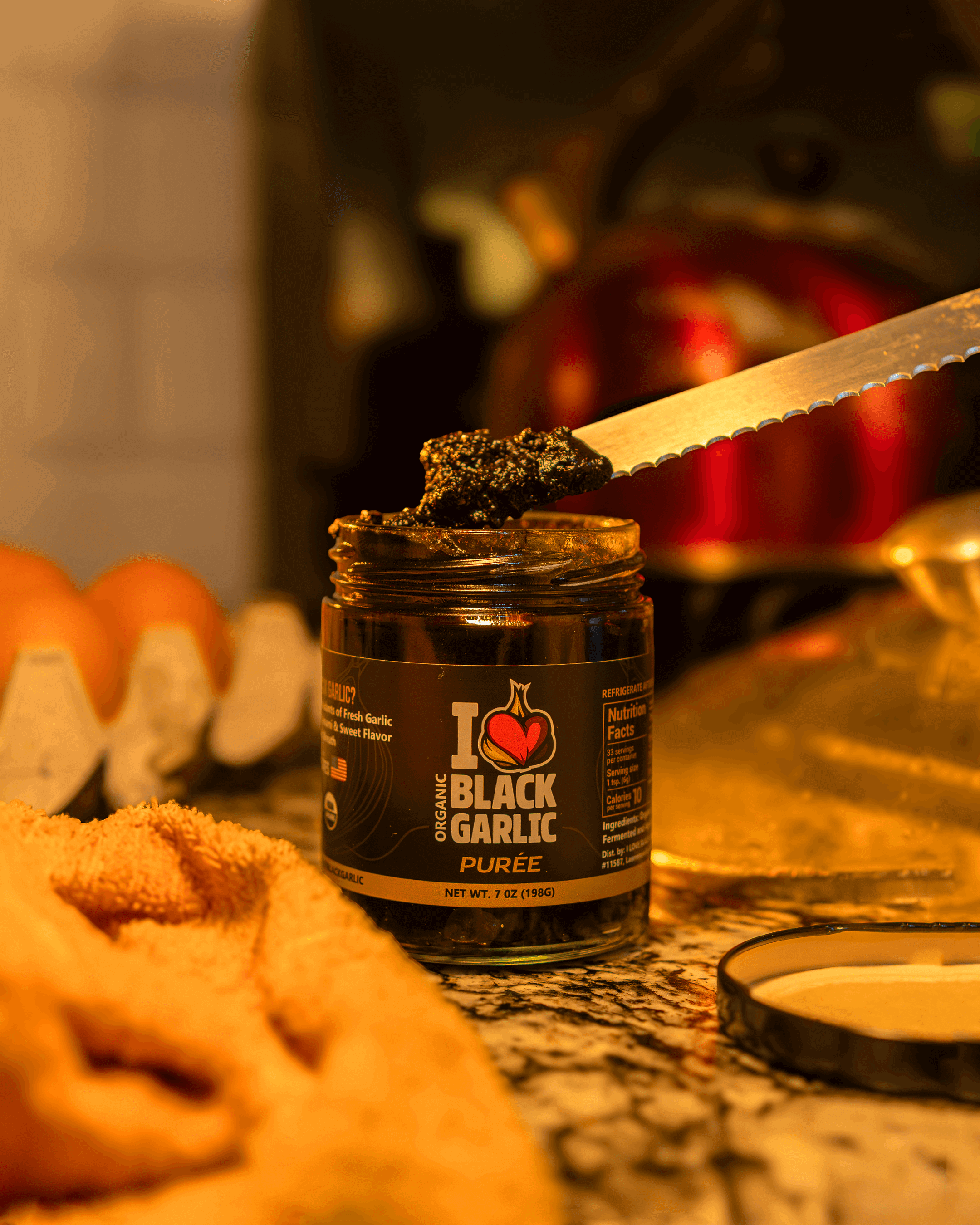 Alt Tag: Organic Black Garlic Purée – 7 oz Jar | Rich Umami Flavor | Slow-Fermented | USA-Made | Vegan & Gluten-Free