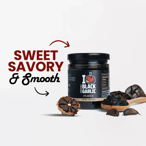 Black Garlic Purée 7 oz | Bold Umami Flavor | Vegan jar with organic black garlic pieces, highlighting sweet savory taste.