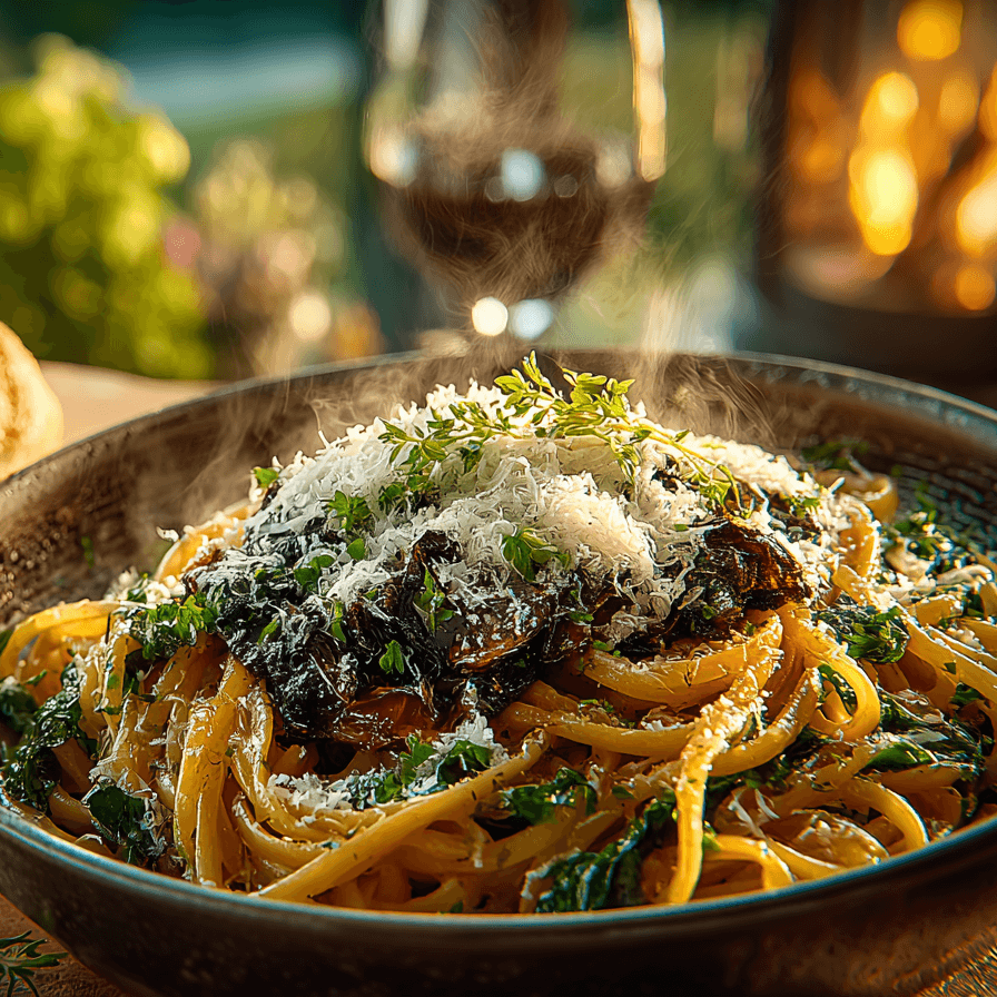 Steaming pasta dish topped with Organic Peeled Black Garlic Cloves – 5 oz | Ready-to-Eat | Sweet Umami Flavor | Vegan & USA-Made, garnished with cheese and herbs.